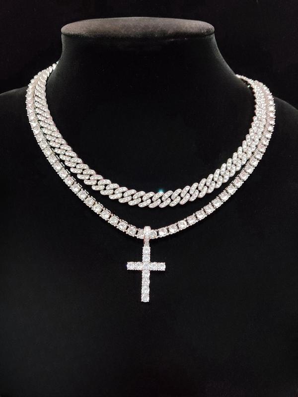 Luxury Artificial Zircon Cross Pendant Necklace & Rhinestone Cuban Chunky Chain Necklace, Sparkly Hip Hop Iced Out Bling Bling Punk Necklaces for Party Decor 2