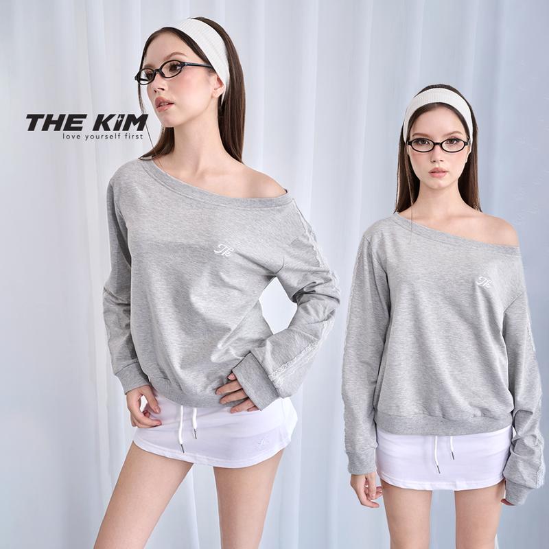 THEKIM Set lẻ áo nỉ dài tay lệch vai phối ren và chân váy ngắn , bộ áo nỉ lệch vai chân váy ( bán lẻ áo váy ) T300