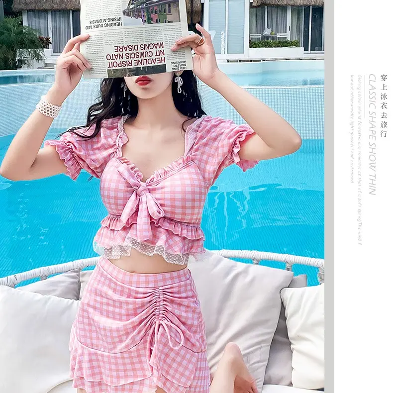 M71 Bộ đồ bơi nữ 2 chi tiết vải thun đẹp họa tiết kẻ caro phối ren có đệm lót 4
