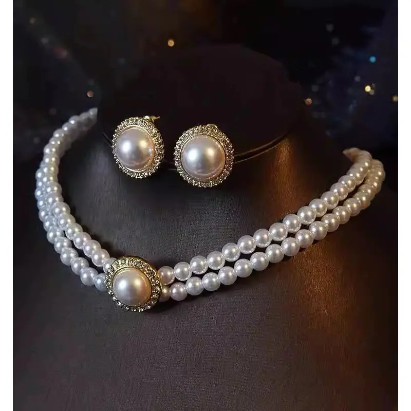 bộ dây chuyền dây châu sang chảnh white pearl