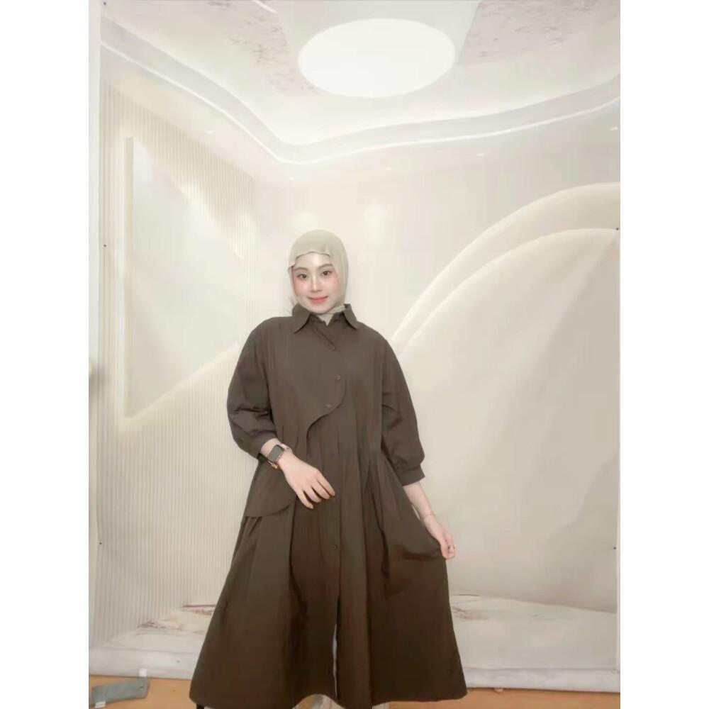 PO30 CHICMORE Gaun kemeja lengan tiga perempat dengan warna polos dan rok midi