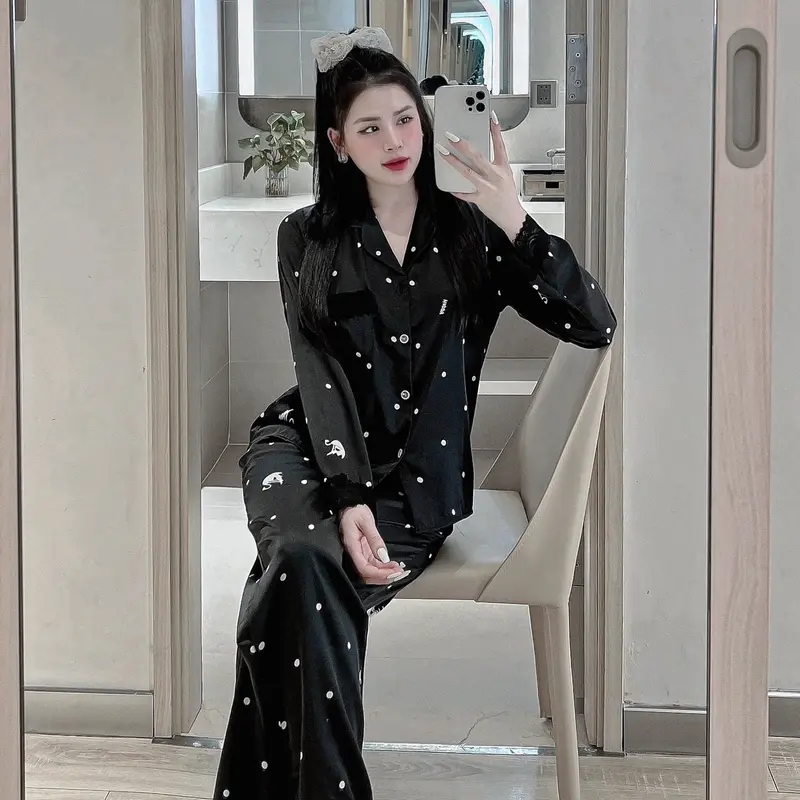 Đồ bộ pijama mặc nhà nữ  La tin phối ren Tay dài Áo Ngủ Nữ Áo Nhung 5