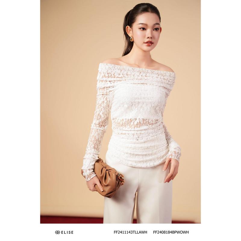 Áo ren hoa trắng trễ vai xếp nhún thiết kế Elise mã sản phẩm FF2411143TLLAWH