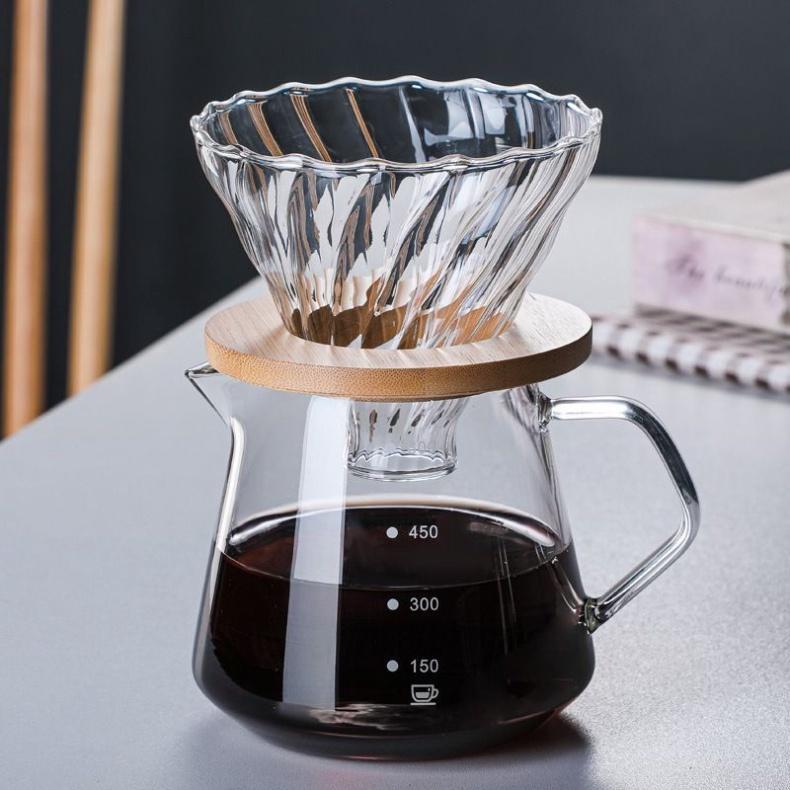 Bộ Bình, Phễu Lọc Cà Phê V60 Thủy Tinh Borosilicate Cao Cấp Chịu Nhiệt, Pha Cafe Bằng Giấy Lọc, Giá Đỡ Phễu Bằng Gỗ Tròn 300ML - 600ML