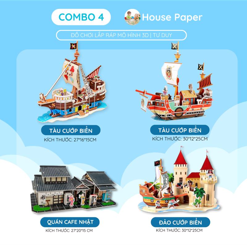 Combo 4 đồ chơi lắp ráp: Đảo Hải Tặc + Quán Cafe Nhật Bản + Thuyền Hải Tặc + Tàu Hải Tặc  - Đồ chơi lắp ráp mô hình 3D bằng xốp cỡ lớn Bộ Lắp Ráp Tháo Lắp