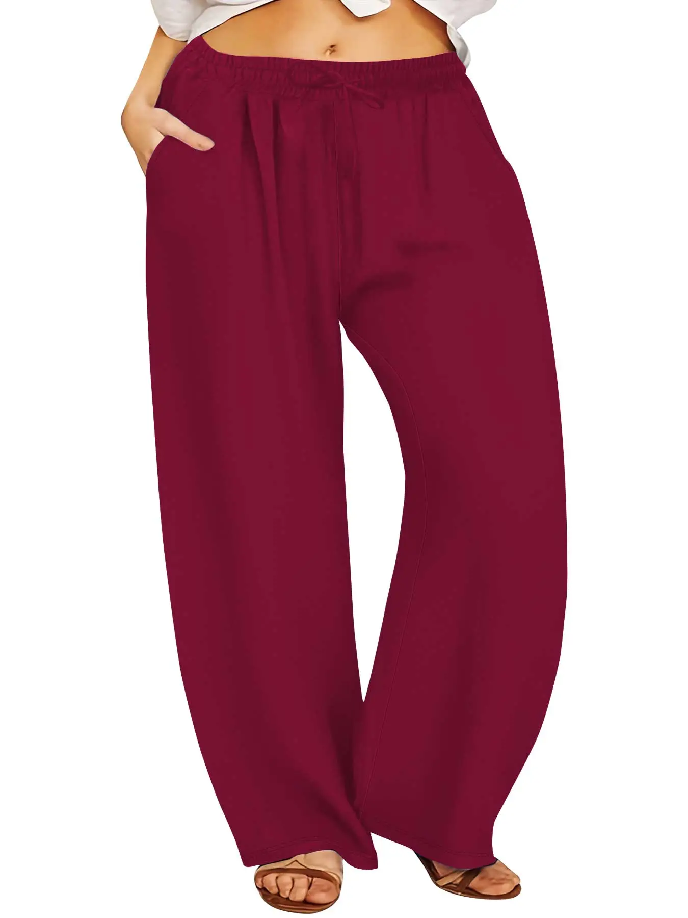 【Plus Size】 Solid Drawstring Waist Wide Leg Pants, Casual Elastic Waist Slant Pocket Trousers for Daily Wear, Women's Bottoms for All Seasons