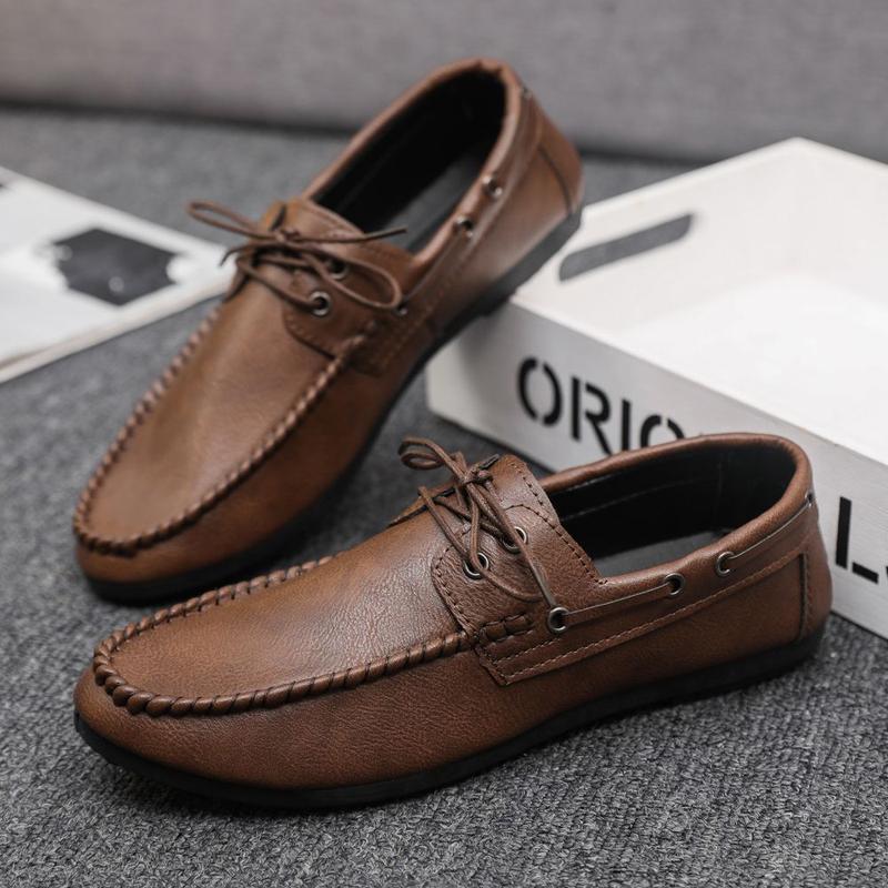 Round Toe Shoes Casual Men's Slip-on Leather Shoe Flat Lightweight Breathable Dress Shoes 2024 New 1