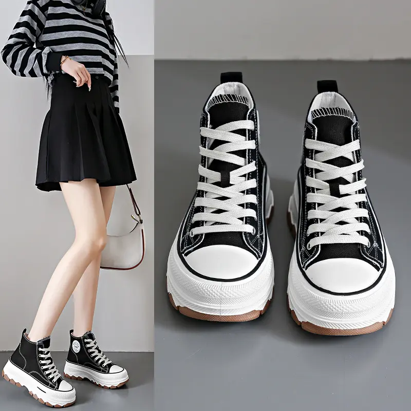 Popular High-Top Shoes New Raise the Bottom Wave Bottom Classic Black Sports Canvas Shoes for Women