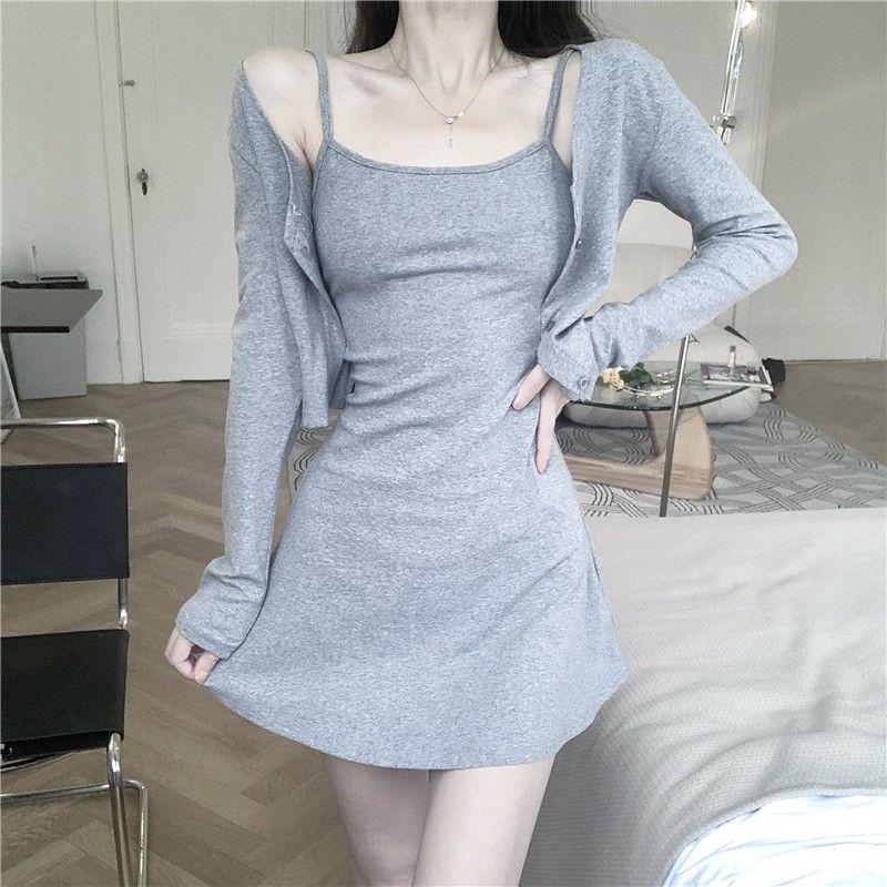 Product Introduction of Korean Style Gentle Wind Petite Slim Fit Long Sleeve Sunscreen Cardigan Strap Dress Two-Piece Set for Women Summer Hot Girl A-Line Dress 8