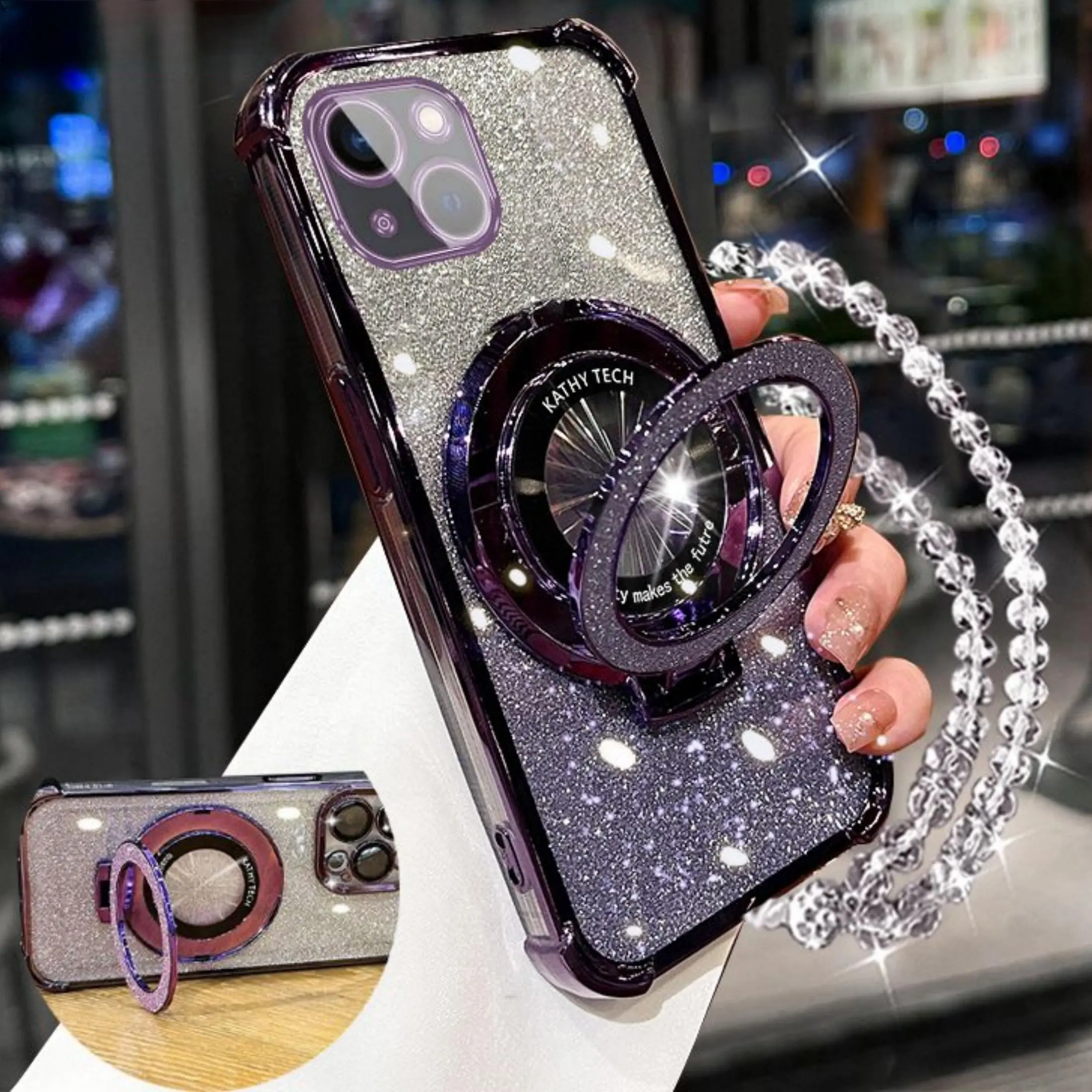 Glitter Phone Case with Ring Holder & Chain, 1 Count Anti-drop Phone Protective Cover, Phone Accessory Compatible with iPhone 11 12 13 14 15 Pro Max