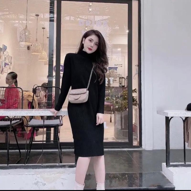 váy len suông dài tay cổ lọ vải len gân to day dặn 2