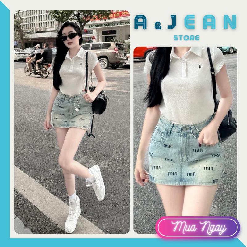   Tặng Kèm Dây Đai  Chân Váy Jean Nữ Đính Đá + Thêu Chữ Min Bling Bling Chất Vải Mềm Mịn Women Kem 