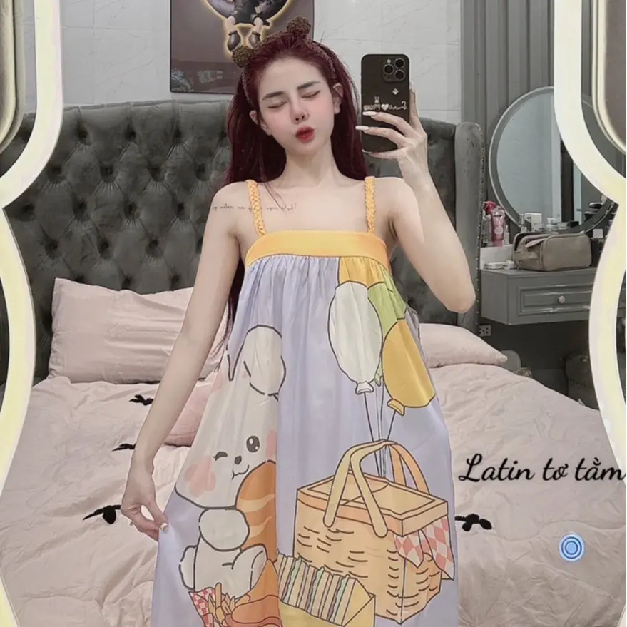 [40-65KG]Đầm Lụa Latin Tơ Tằm Queen In Full Họa Tiết 5D Hai Dây Bính Dáng Dài Mềm Mát Cao Cấp Mặc Nhà Bốn Mùa VIP218 Women Nữ Dress