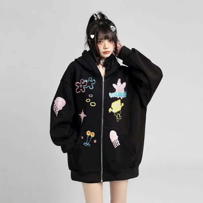 Áo Khoác Hoodie Khóa Kéo Nón Rộng In Họa Tiết Hoạt Hình Dễ Thương Top Nữ