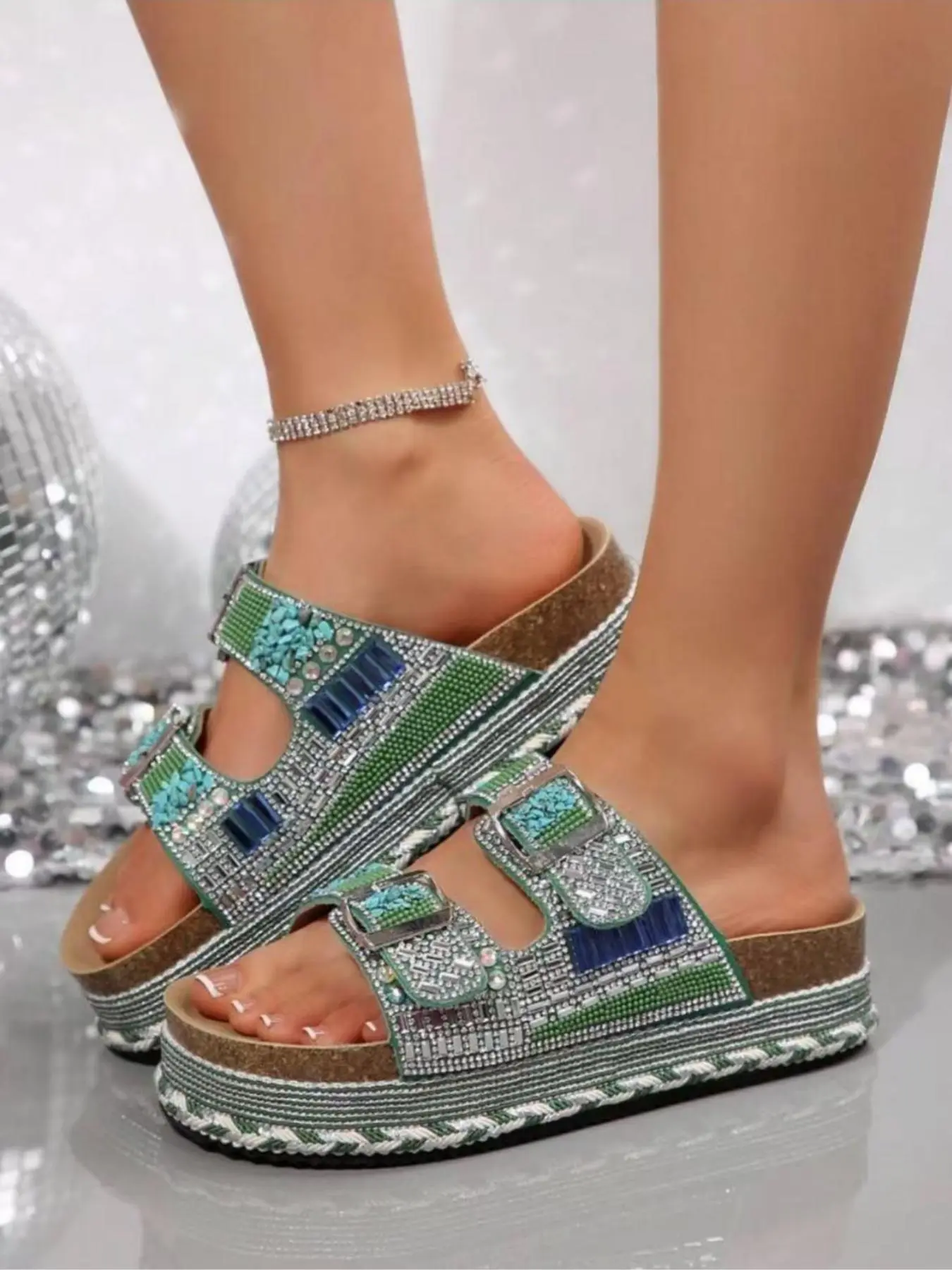 Women's Fashionable Rhinestone Decorated Platform Sandals, Casual Comfortable Double Band Sandals for Summer, Female All-match Round Toe Shoes for Daily Wear, Girl