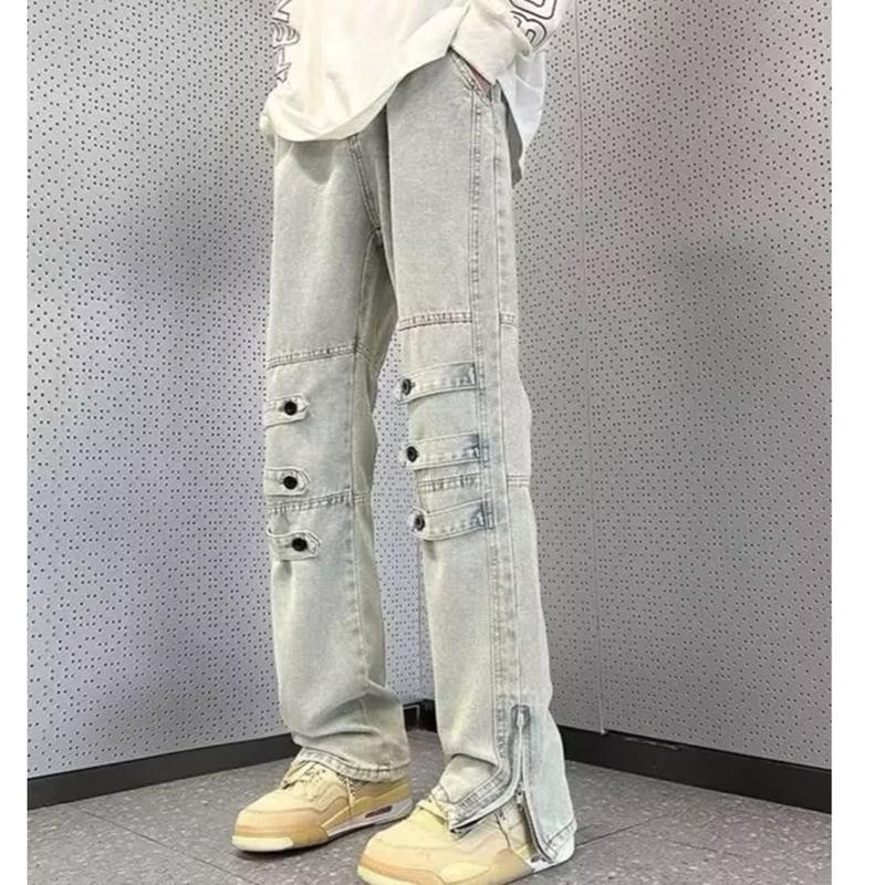 Quần Rộng Thùng Thình, Phong Cách Đường Phố Cao Cấp Mỹ, Unisex, Thương Hiệu Hợp Xu Hướng Thiết Kế Buộc Dây, Quần Bò Ống Loe, Dây Kéo Xẻ Tà, Cargo, Chân Thẳng 3
