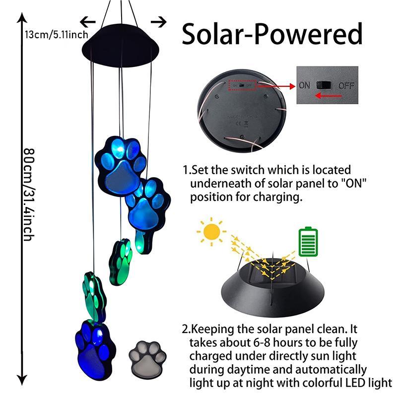 Solar Powered Paw Print Design Wind Chime Light, Color Changing Solar Hanging Light, Outdoor Decorative Light for Balcony, Patio, Yard 1