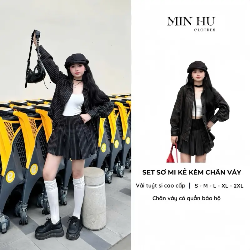 [TẶNG ÁO HAI DÂY KHI MUA CẢ SET] Set bộ nữ gồm áo và chân váy hoạ tiết kẻ sọc hottrend MINHU CLOTHES Women xinh big size