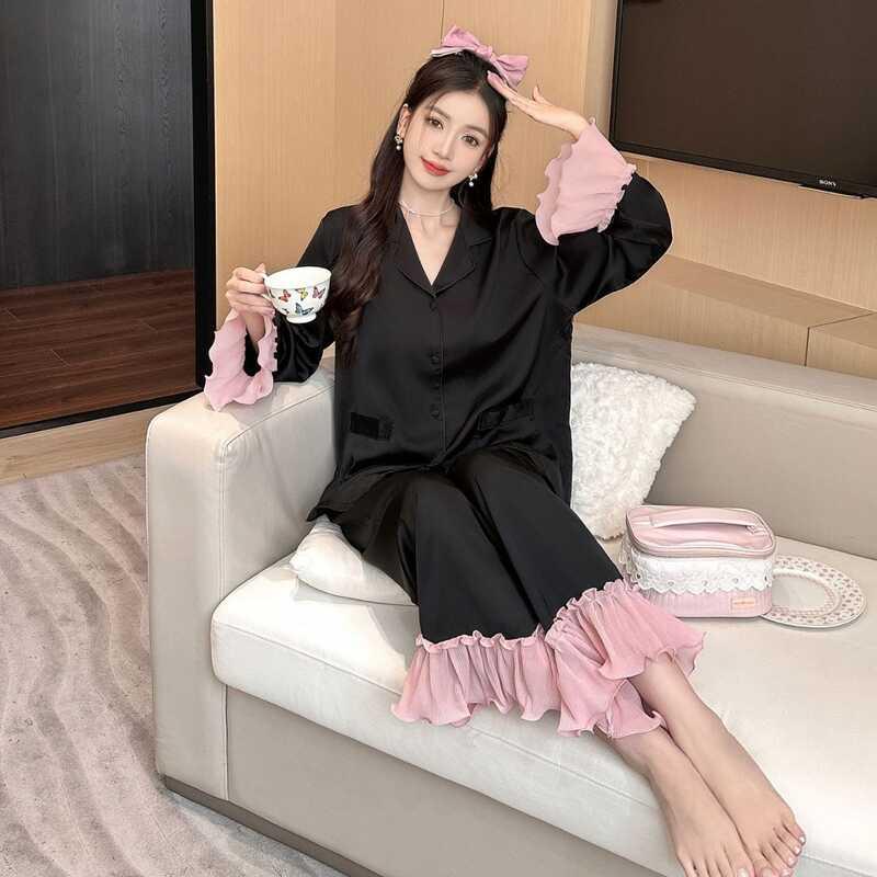 Bộ Đồ Ngủ, Chất Liệu Lụa Lạnh Dành Cho Nữ, Viền Xếp Nhún Tay Dài, Phong Cách Cung Điện, Ngọt Ngào Và Ngọt Ngào, Thích Hợp Mặc Ngủ Áo Women 1