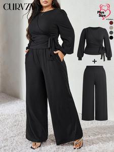 CURVZY Plus Size Two-piece Set Solid Ruched Tie Front Ribbed Blouse & Wide Leg Pants Set, Elegant Bishop Sleeve Top & High Waist Trousers for Daily Wear, Women's Two-piece Outfits for All Seasons, Valentine's Day Outfit