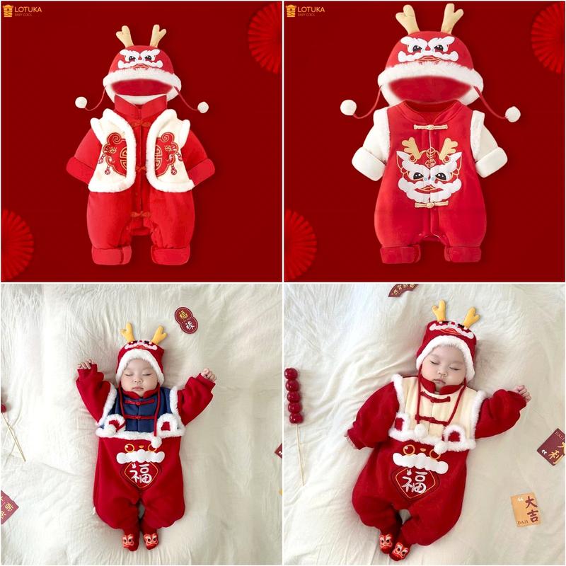 Bodysuit dài tay cho bé tài lộc mẫu rồng chất nỉ bông mền mịn kiểu quần áo sơ sinh bé trai bé gái size 3-12kg Cotton