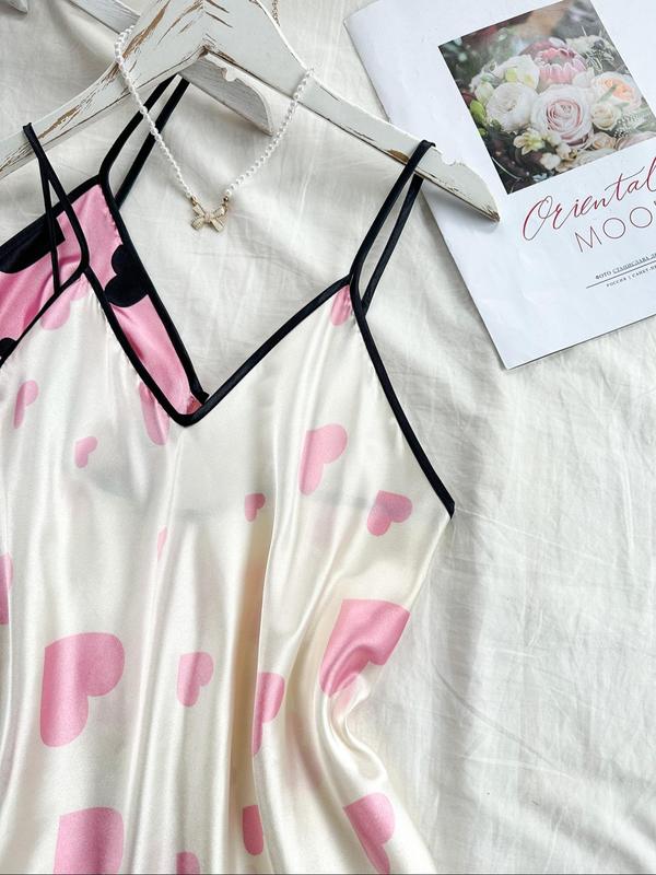 Women's Heart Print Contrast Binding Cami Nightdress, Casual Silky Soft Comfortable Adjustable Spaghetti Strap Nightgown, Dresses for Women, Ladies Sleepwear for All Seasons 7