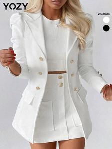 YOZY Women's Solid Color Puff Sleeve Lapel Blazer, Elegant Button Front Long Sleeve Outerwear for Work Office Business, Ladies Clothes for All Seasons