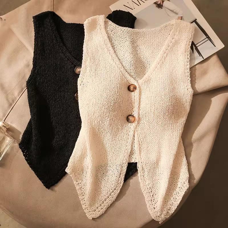 Women's Olive V-Neck Sleeveless Knitted Top with Button Detail