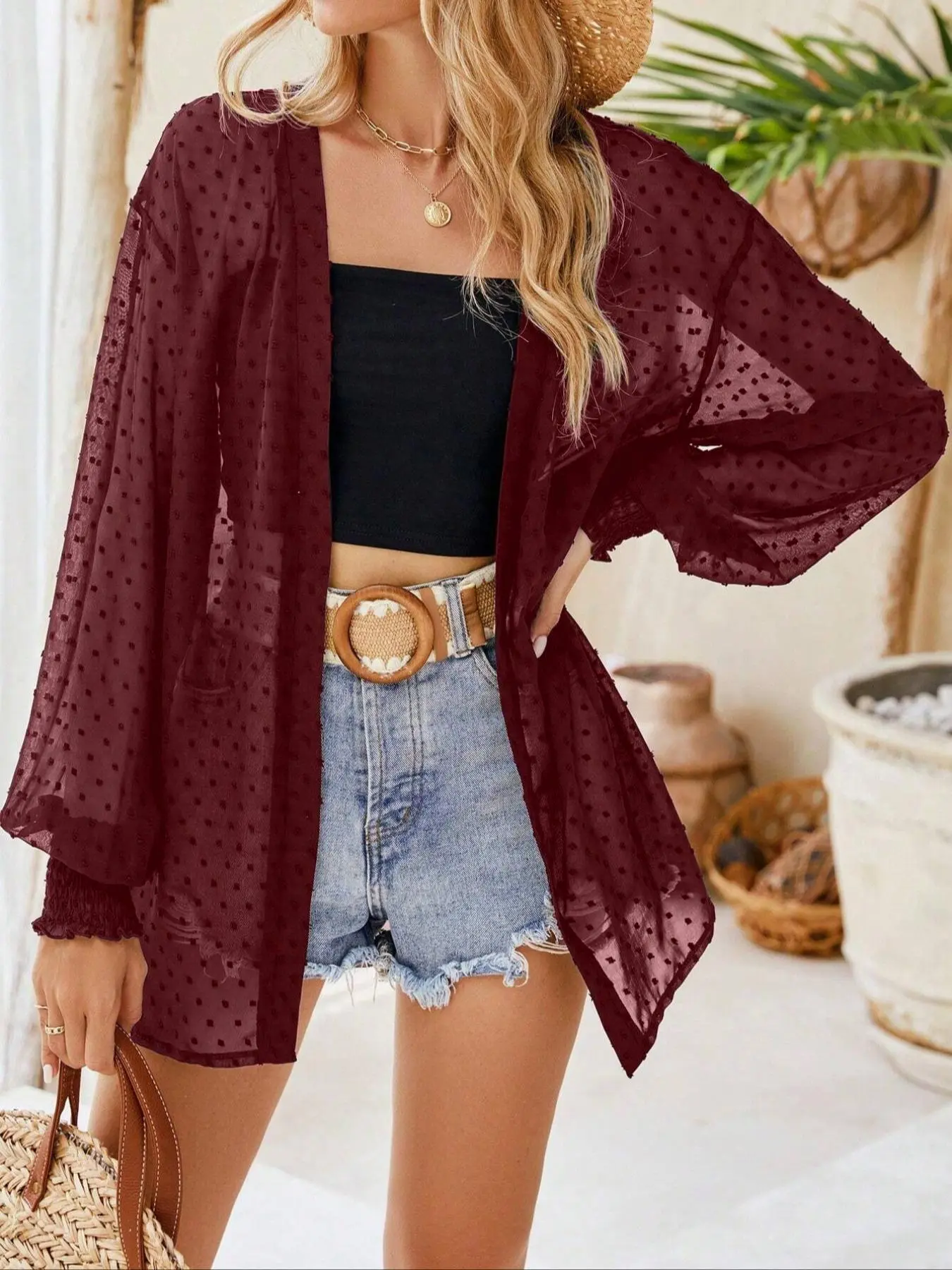 Women's Plain Swiss Dot Sheer Drop Shoulder Cover Up, Elegant Long Sleeve Open Front Cover Up for Vacation Holiday Beach, Ladies Clothes for All Seasons, Clothing