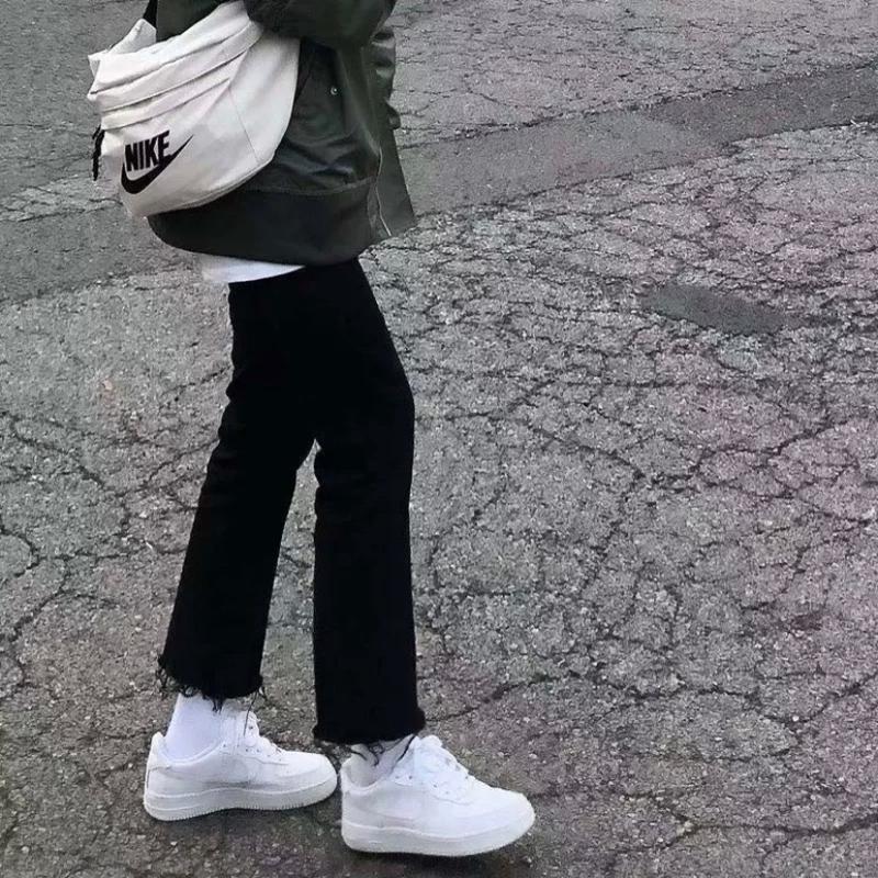 Quần Jean giấy ống đứng tua gấu co giãn cạp cao màu đen trắng (có size lớn cho người Big Size)