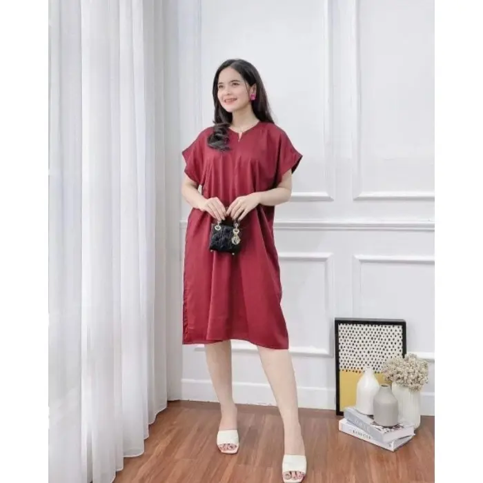 Daster wanita busui midi dress rayon resleting depan kekinian navy - Dr marun