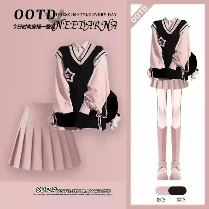 Bộ Đồ Hai Mảnh, Trang Phục Dopamine Mùa Thu, Phong Cách Preppy Mới, Áo Sơ Mi Lớp Nền, Váy Băng Quấn, Bộ Vest Dệt Kim, Thích Hợp Cho Nữ set  dạ