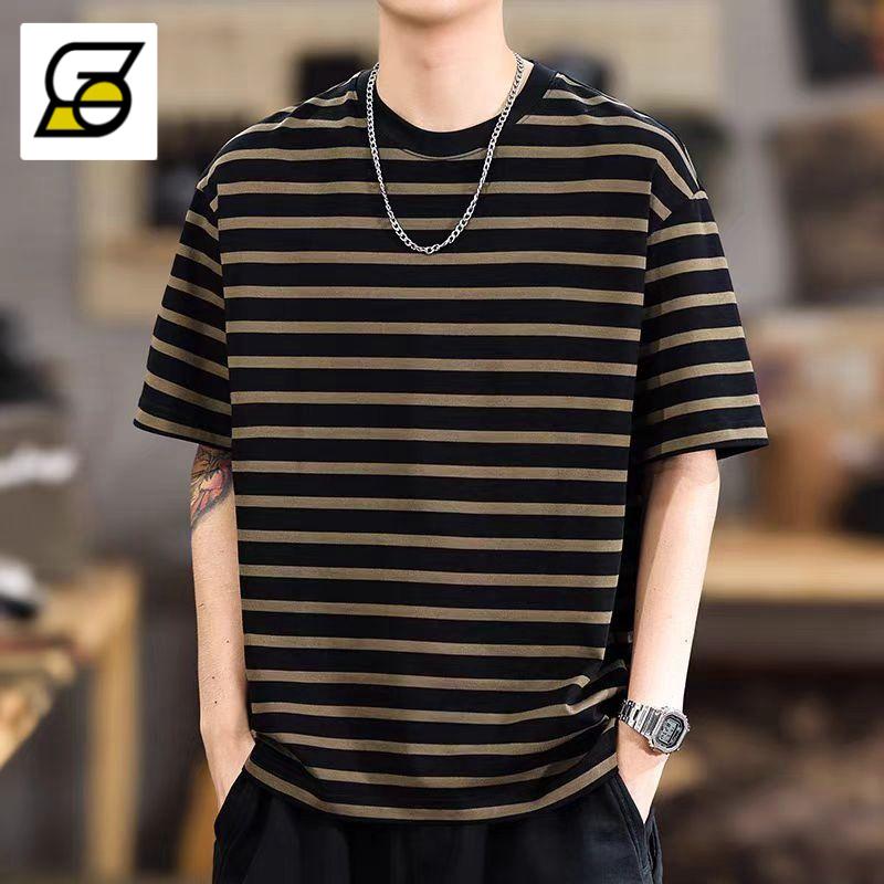 Áo  ngắn Tay Sọc Thường Ngày Thương Hiệu Hợp Xu Hướng Mùa Hè Cho Nam, Cổ Tròn, Dáng Rộng Vừa Vặn, Dễ Phối Đồ Tay Lửng Áo, Áo  Phong Cách Mỹ Mới, Năm 2025 thun màu hồng phông trơn xanh navy lá cờ đến/màu be áo chui đầu áo thun