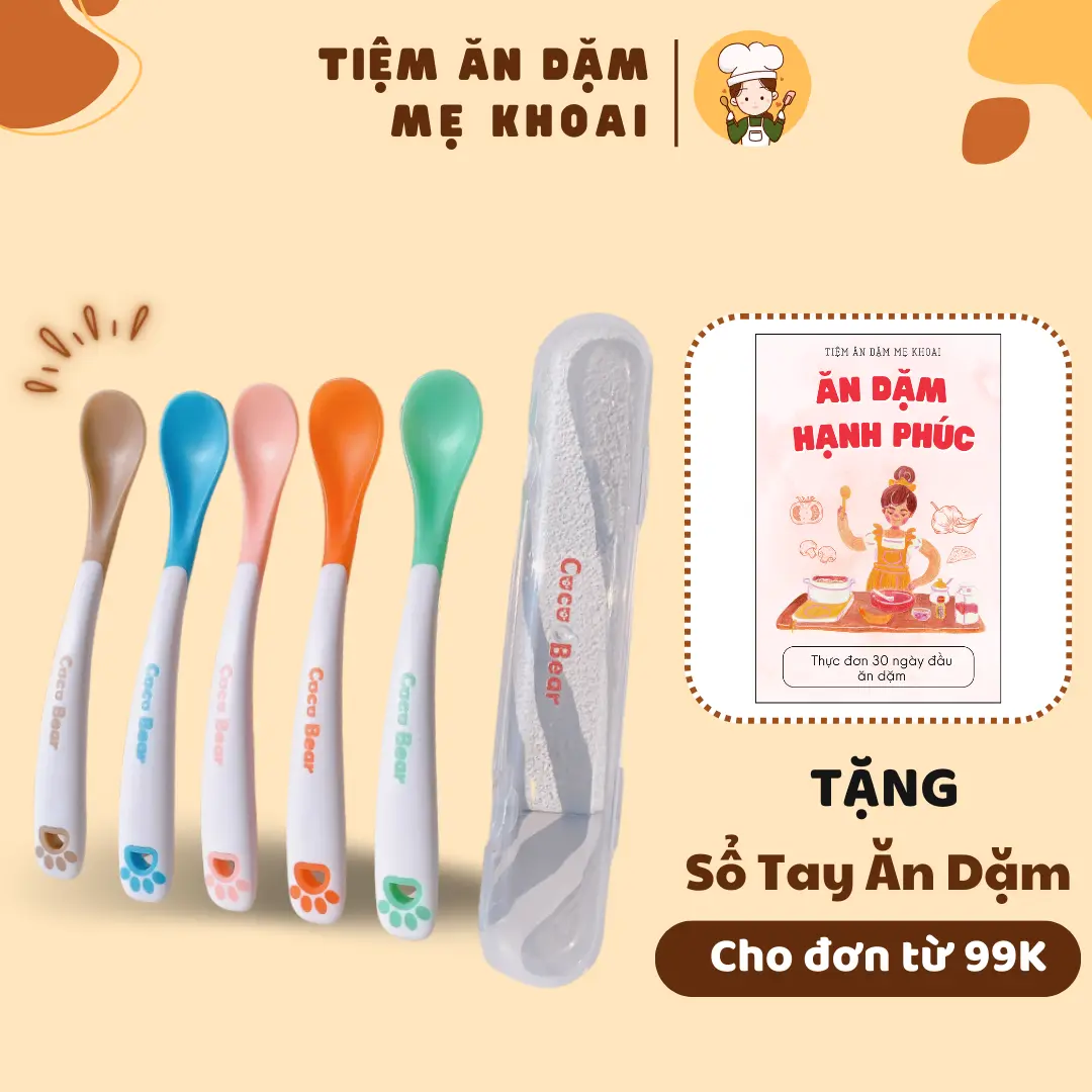 Thìa ăn dặm cảm biến nhiệt báo nóng Cocobear kèm hộp, muỗng ăn dặm mềm có báo nóng an toàn cho bé Kem Voi