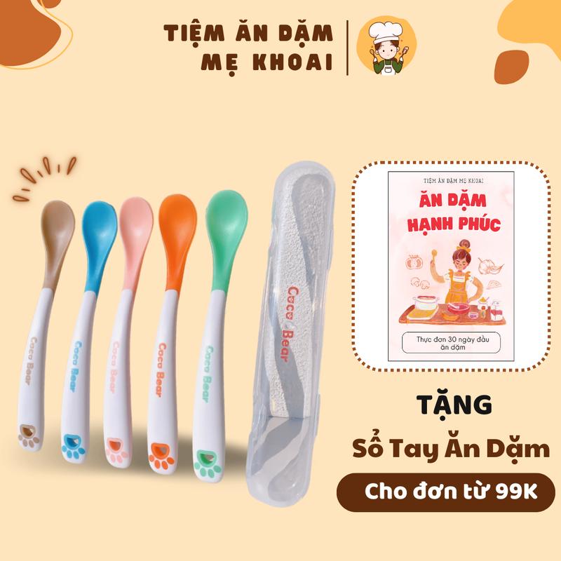 Thìa ăn dặm cảm biến nhiệt báo nóng Cocobear kèm hộp, muỗng ăn dặm mềm có báo nóng an toàn cho bé Kem Voi