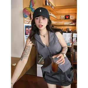 เสื้อมีฮู้ดแขนกุดย้อนยุคสไตล์อเมริกัน, เสื้อแจ็คเก็ตเสื้อกั๊กสั้นซิปผู้หญิง, เสื้อโค้ทบาง, สไตล์สาวฮอตเซ็กซี่, สำหรับผู้หญิง, y2k-ฤดูร้อน