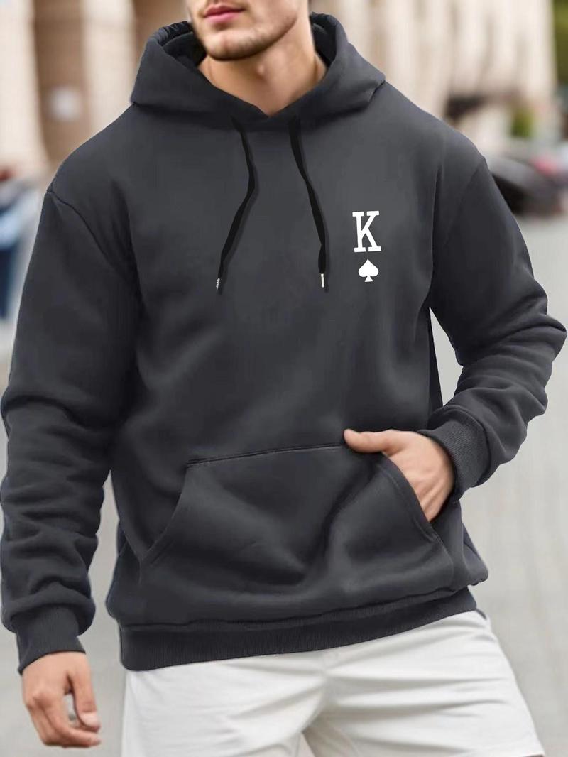 Product Introduction of Men's "K" Letter Print Pocket Drawstring Hoodie, Regular Fit Casual Drop Shoulder Long Sleeve Hooded Sweatshirt, Men's Fall & Winter Clothes 11