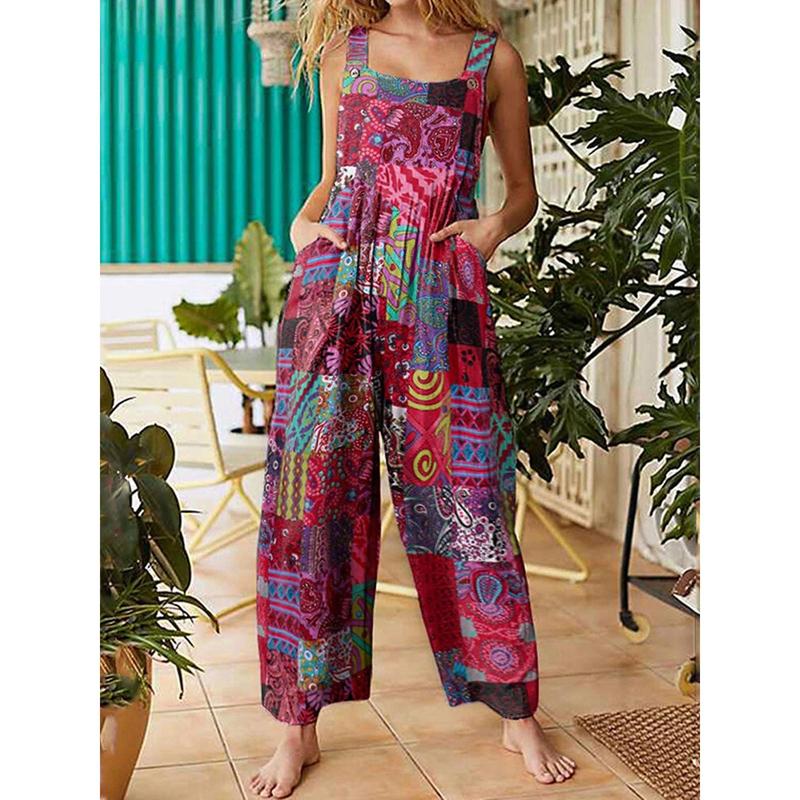 Women Jumpsuits Summer Overalls Multicolor Ethnic Style Square Neck Sleeveless Casual Rompers with Pockets for Girls Playsuit 1