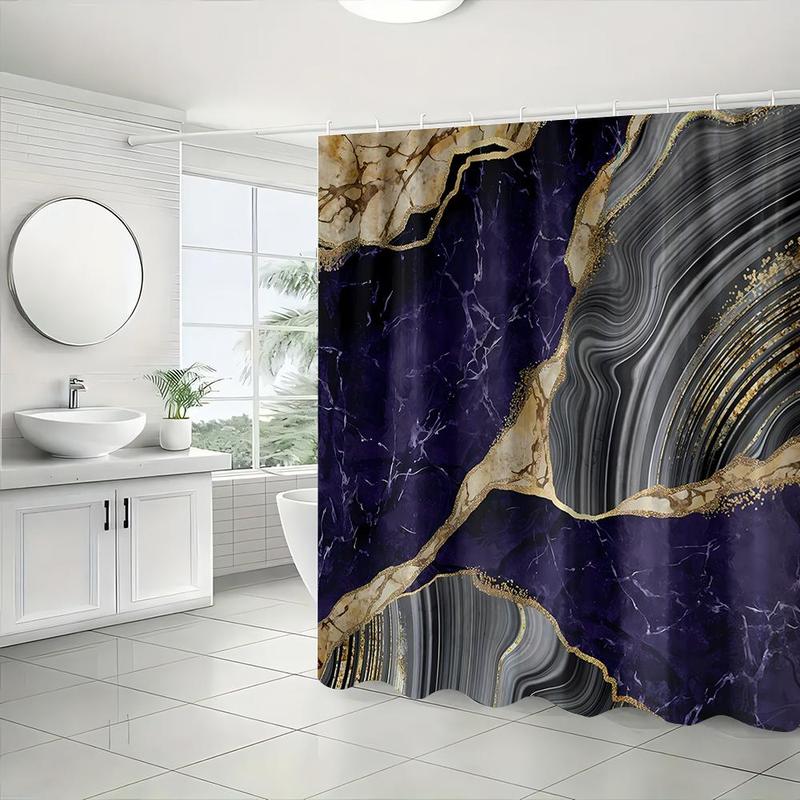 Marble Pattern Bathroom Accessories, 1 Set Including Shower Curtain with 12 Hooks, U-shaped Mat, Toilet Lid Cover Pad and Rectangular Mat 3