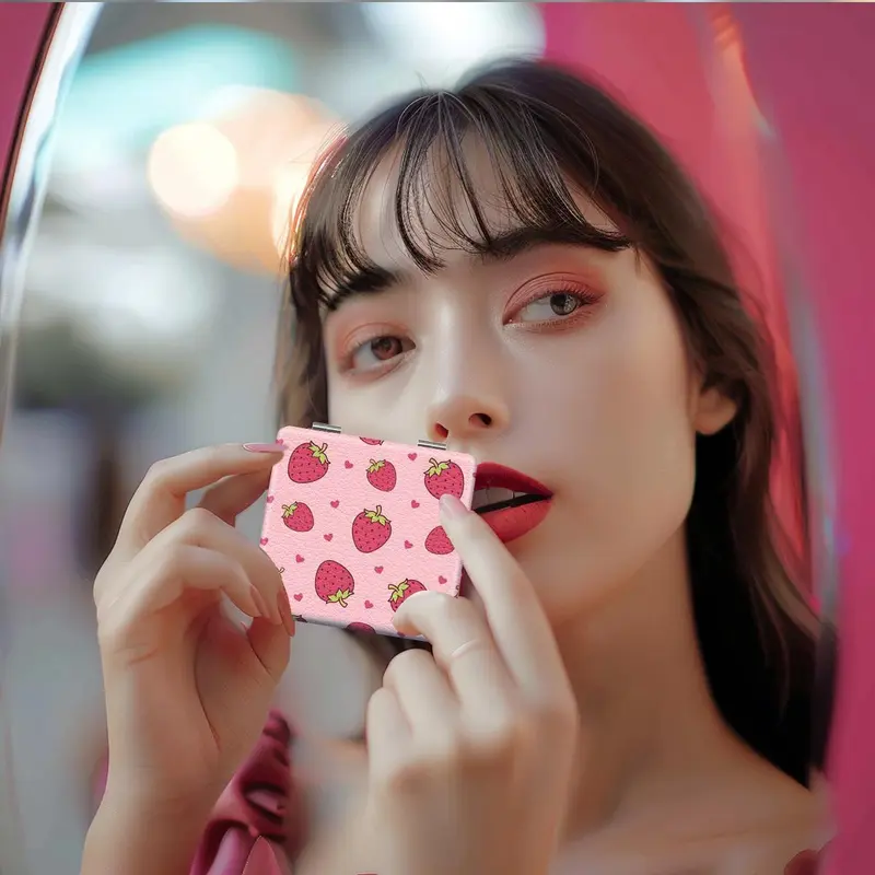 Strawberry Pattern Makeup Mirror, 1 Count Portable Folding Handheld Mirror, Compact Mirror for Travel, Daily Holiday Birthday Wedding Gift for Women 4