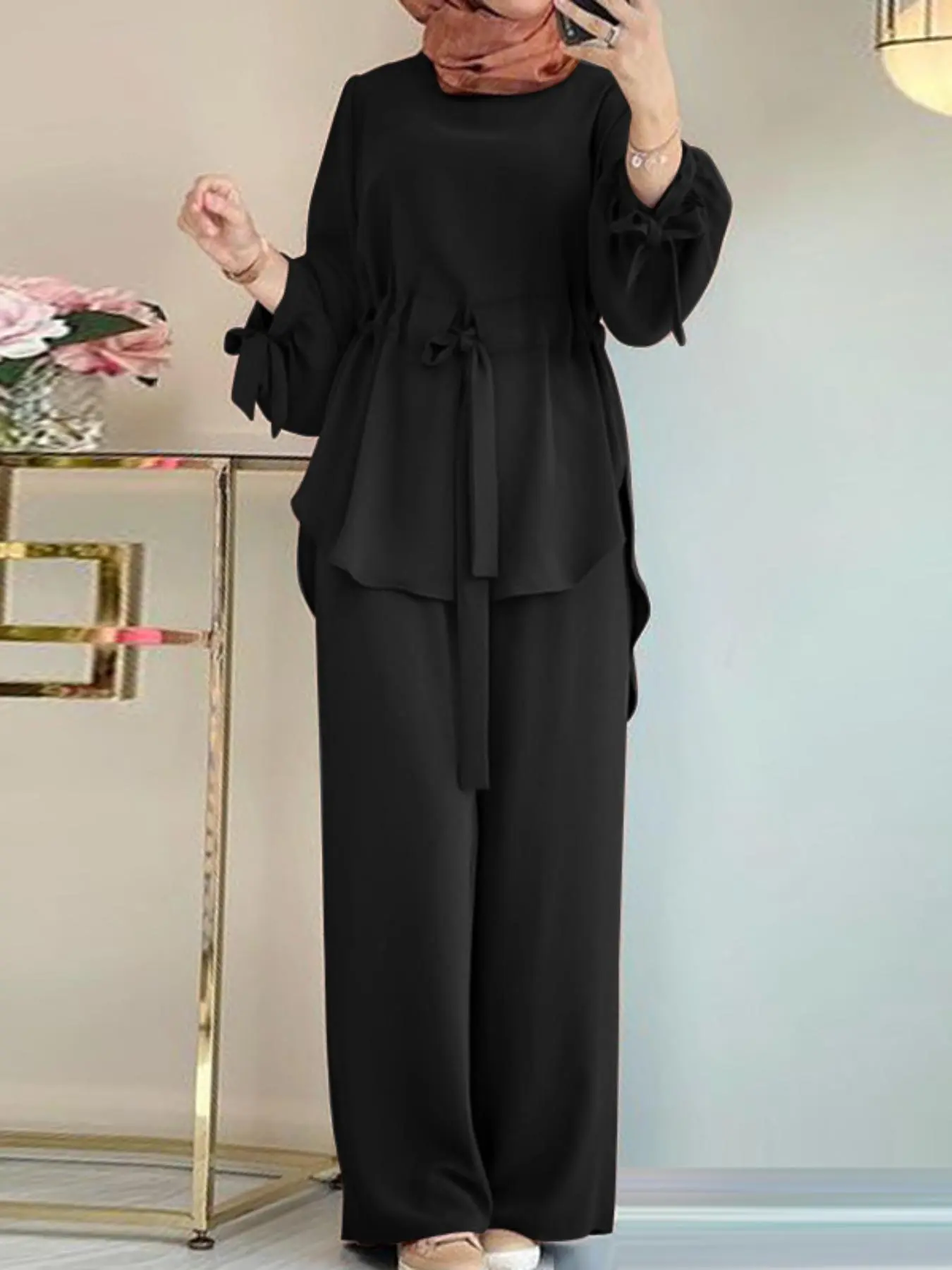 Two-piece Set Women's Solid Bishop Sleeve Knot  Long Sleeve Top & Elastic Waist Pants Islamic Set, Modest Casual High Low Top & Wide Leg Trousers for Daily Wear, Ladies Islamic Clothing for All Seasons