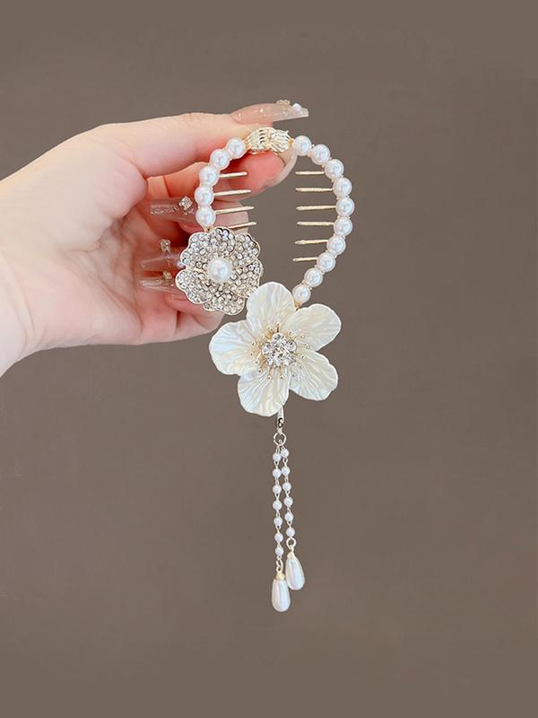 Women's Elegant Rhinestone & Faux Pearl Decor Hair Clip As Gift, Trendy Exquisite Flower & Tassel Design Hair Clip, Chic All-match Shiny Hair Accessories for Hairstyle Decor 2