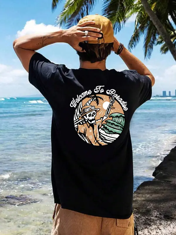 Men's Skull & Letter Print Round Neck Tee, Regular Fit Casual Short Sleeve T-shirt for Summer, Men's Top for Daily Wear, Tropical 6