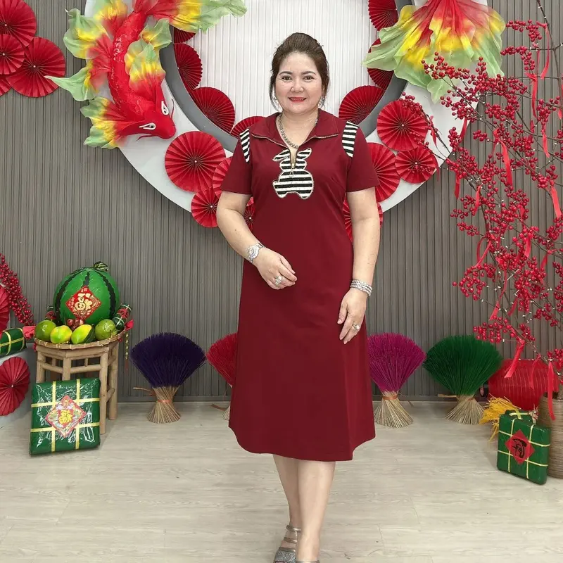 Đầm suôn trung niên quảng châu đơn giản thanh lịch Min Shop  Voi Dress Voan Sen- Nữ, Women Đỏ 5