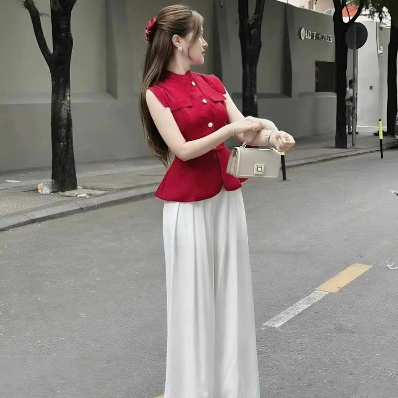 Sét đồ nữ giáng sinh quần dài ống rộng áo cúp đỏ đô - Thời trang nữ giáng sinh - Women, Ong Top Nhung set  đồ mặc tết Polo