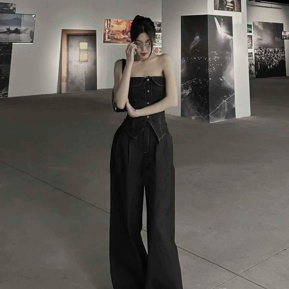 Set bộ nữ chất for áo cúp ngực cài nút mix quần dài ống rộng Women