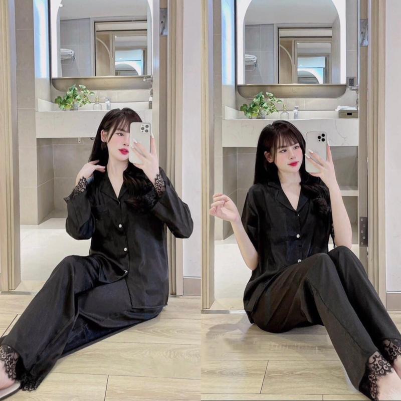 Bộ Pijama Lụa Xước Thiết Kế Đen Tay Phối Ren không Đính Đá Women Nữ Tay Cộc Tay dài - Size 45-60 kg và Bigsize 60-75kg