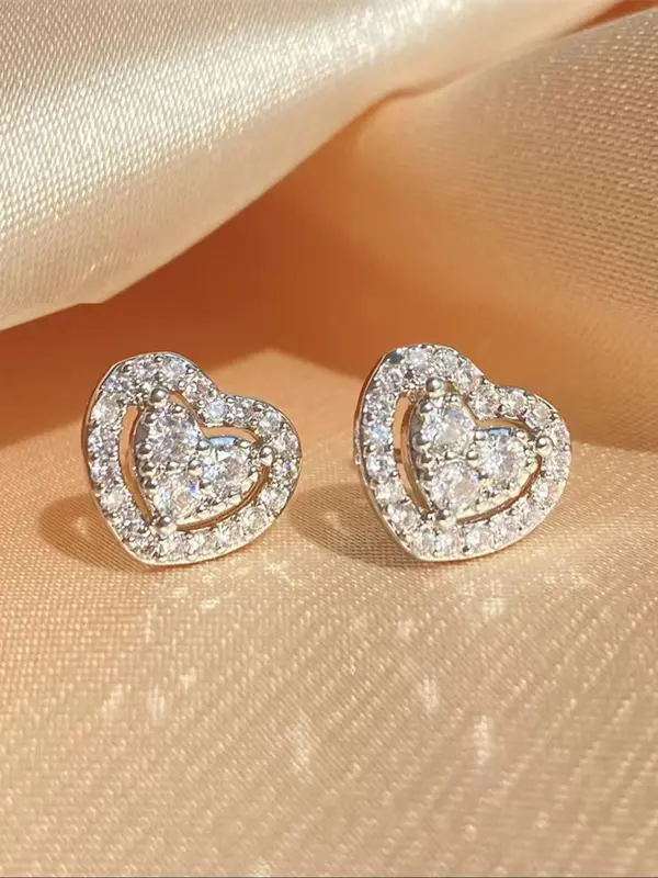 Fashion Simple Heart Shaped Rhinestone Decorated Stud Earrings, Elegant Jewelry for Women, Trendy All-match & Exquisite Jewelry for Birthday Gift 0