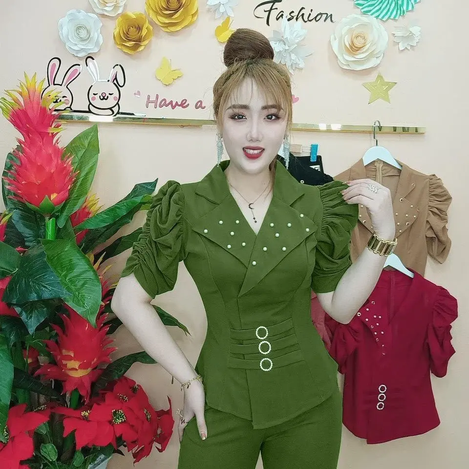 [B114] set bộ quần dài 3 khoen đính hạt cổ vest Nữ
