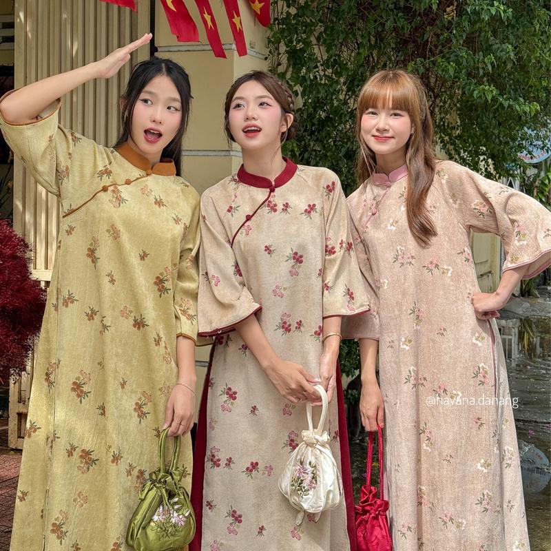 {HÀNG CÓ SẴN} Áo dài cách tân TỬ KỲ nhung chéo in hoa quả đính cúc bọc phối dây buộc nơ cách điệu kèm quần dài HAVANA AD104